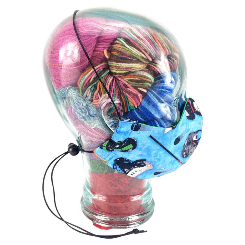 Handmade Hockey Face Mask with Pocket, featuring a head harness and made from 100% pre-washed cotton fabric for comfort and safety.