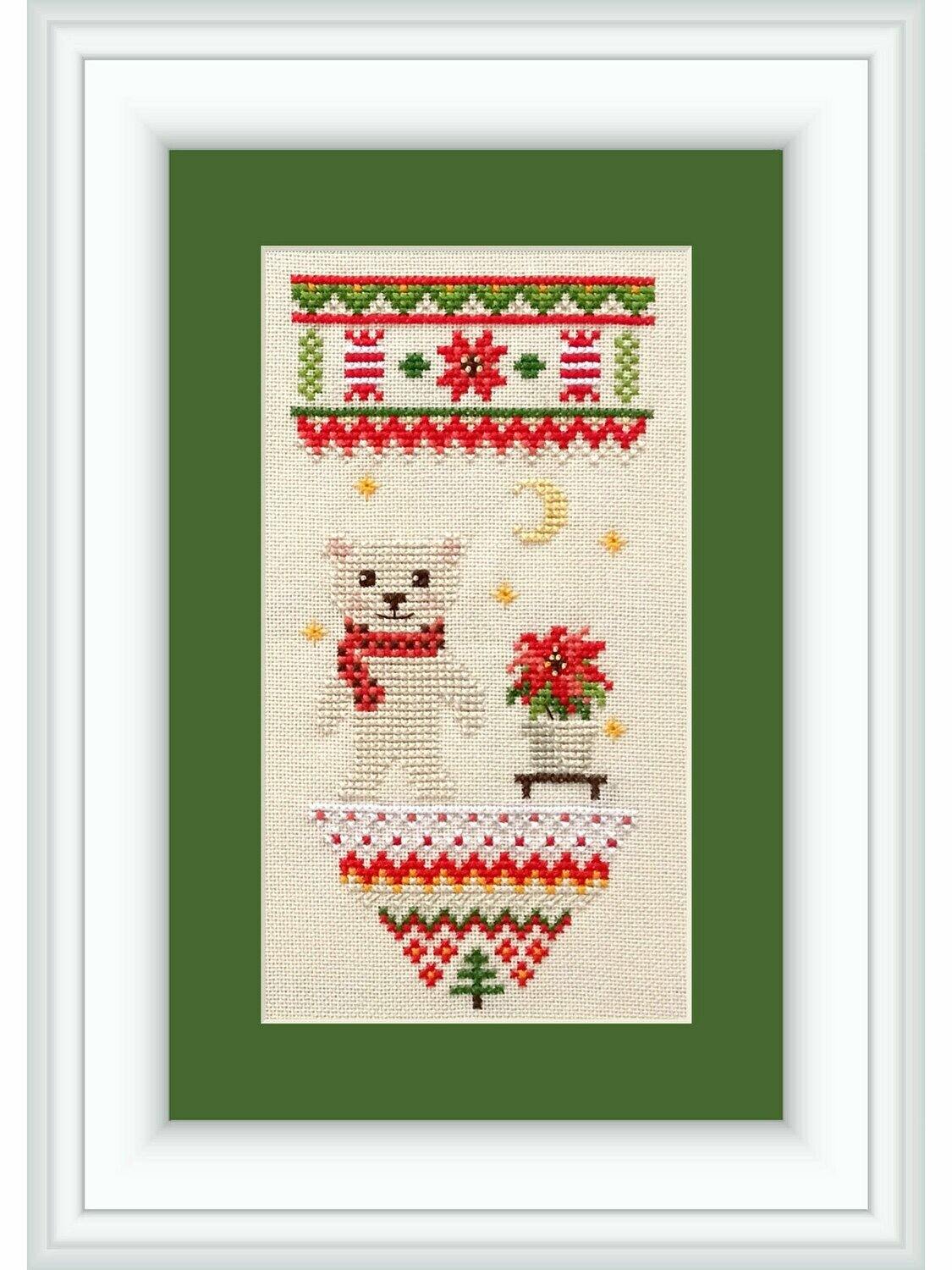 Holiday is Coming PM-05 Counted Cross-Stitch Kit featuring a white polar bear with red flowers, ideal for Christmas decor.