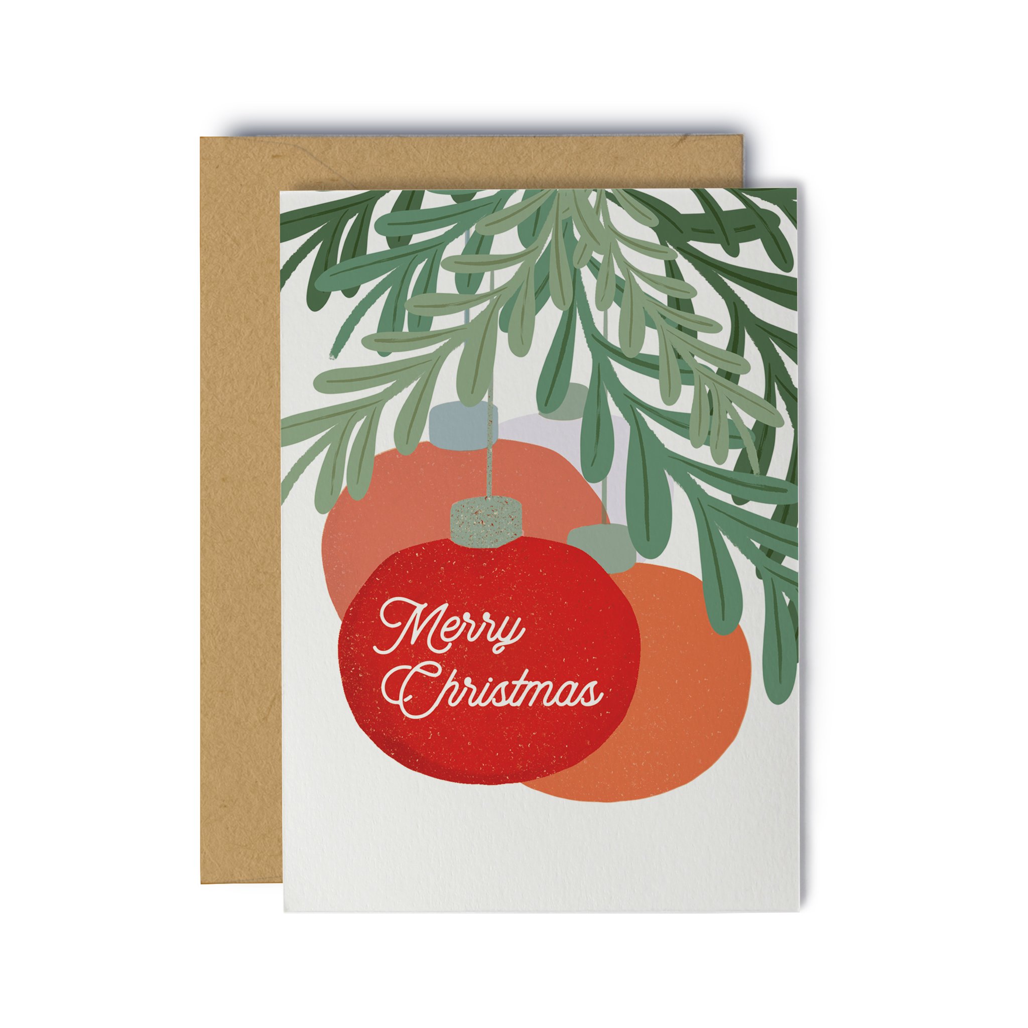 A beautifully designed Holiday Ornaments Christmas Card with a Kraft paper envelope, showcasing festive decorations.