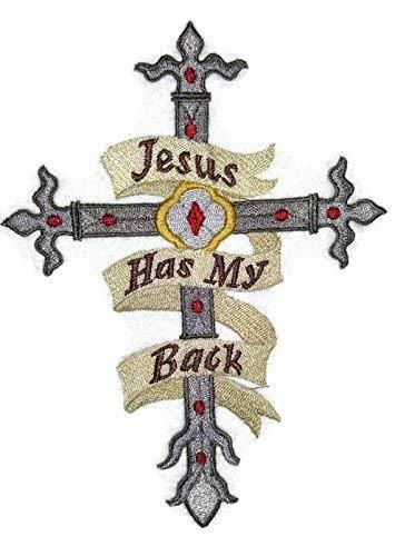Holy Cross Jesus has My Back embroidery patch, featuring intricate stitching and a durable cotton base, ideal for iron-on or sew-on applications.