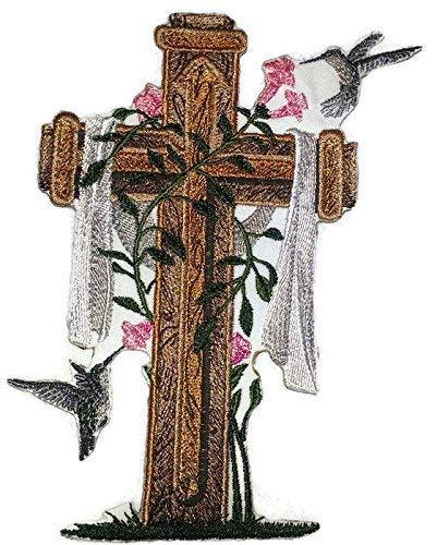 Holy Sacred Cross and Hummingbirds Embroidery Patch, featuring intricate designs and vibrant colors, ideal for iron-on or sew-on applications.