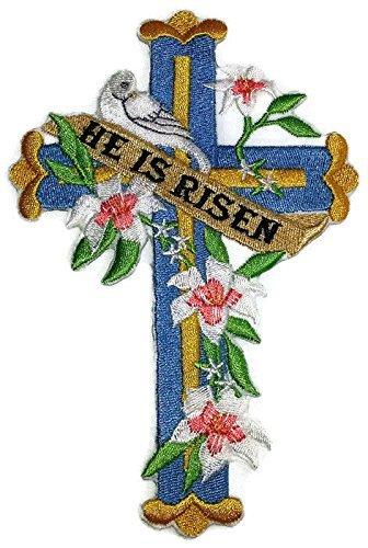 Holy Sacred Cross embroidery patch featuring a cross with a dove, ideal for iron-on or sew-on application.