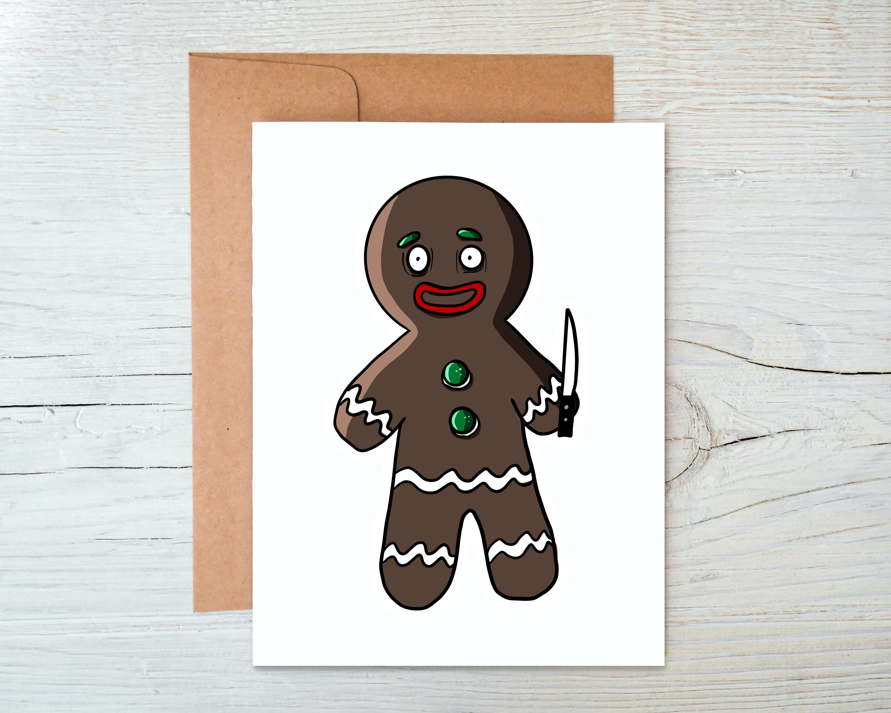 Horror gingerbread man greeting card with a spooky design, featuring a blank interior and a kraft envelope, perfect for Halloween or unique occasions.