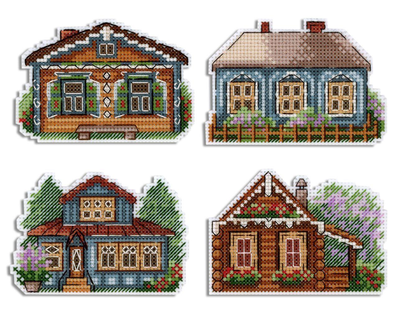 Houses Magnets SR-706 Counted Cross Stitch Kit featuring colorful threads, plastic canvas, and a needle for DIY fridge magnets.