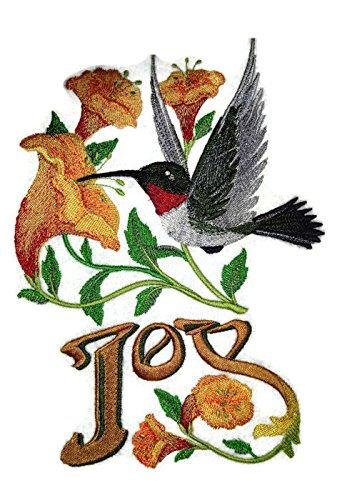 Hummingbird of Joy embroidered patch featuring vibrant colors and intricate design, measuring 8.2 inches by 5.9 inches.