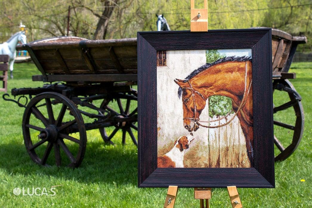 Hunter and Foxhound B580L Counted Cross-Stitch Kit with Aida canvas, Anchor threads, and needle, showcasing vibrant colors and intricate design.