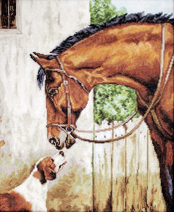 Hunter and Foxhound B580L Counted Cross-Stitch Kit with Aida canvas, Anchor threads, and needle, showcasing vibrant colors and intricate design.