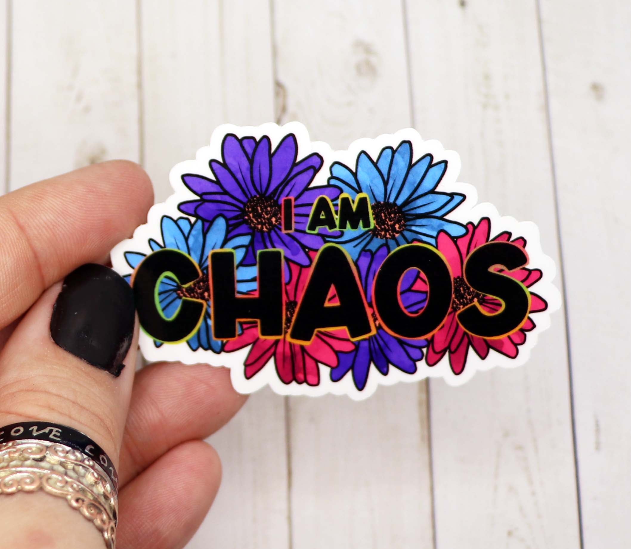 I am Chaos Vinyl Sticker featuring a unique design on matte vinyl, ideal for personalizing various items.