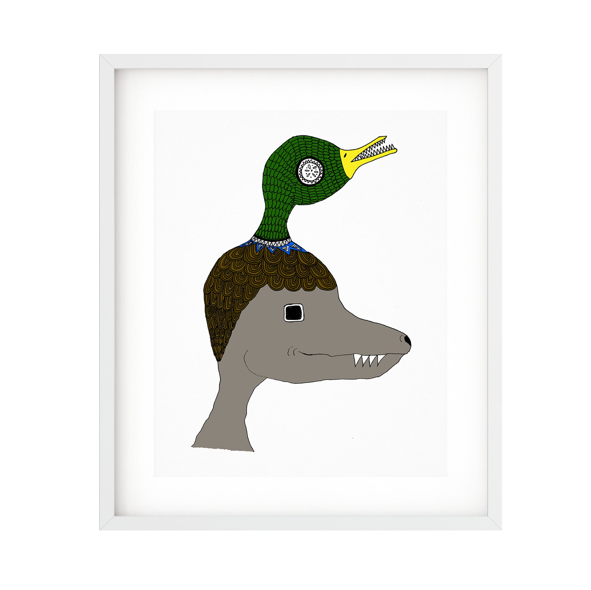 A whimsical hand-drawn dinosaur wearing a duck headdress, beautifully colored, perfect for art lovers.
