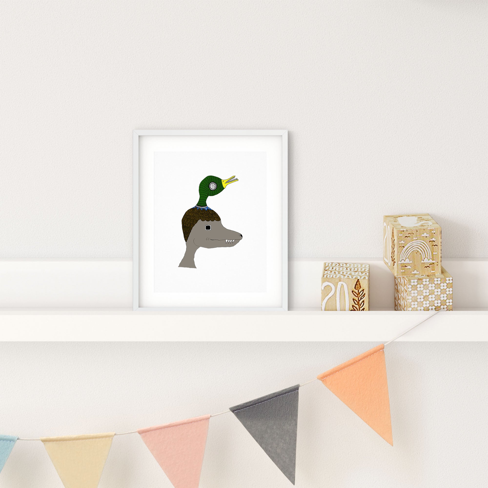 A whimsical hand-drawn dinosaur wearing a duck headdress, beautifully colored, perfect for art lovers.