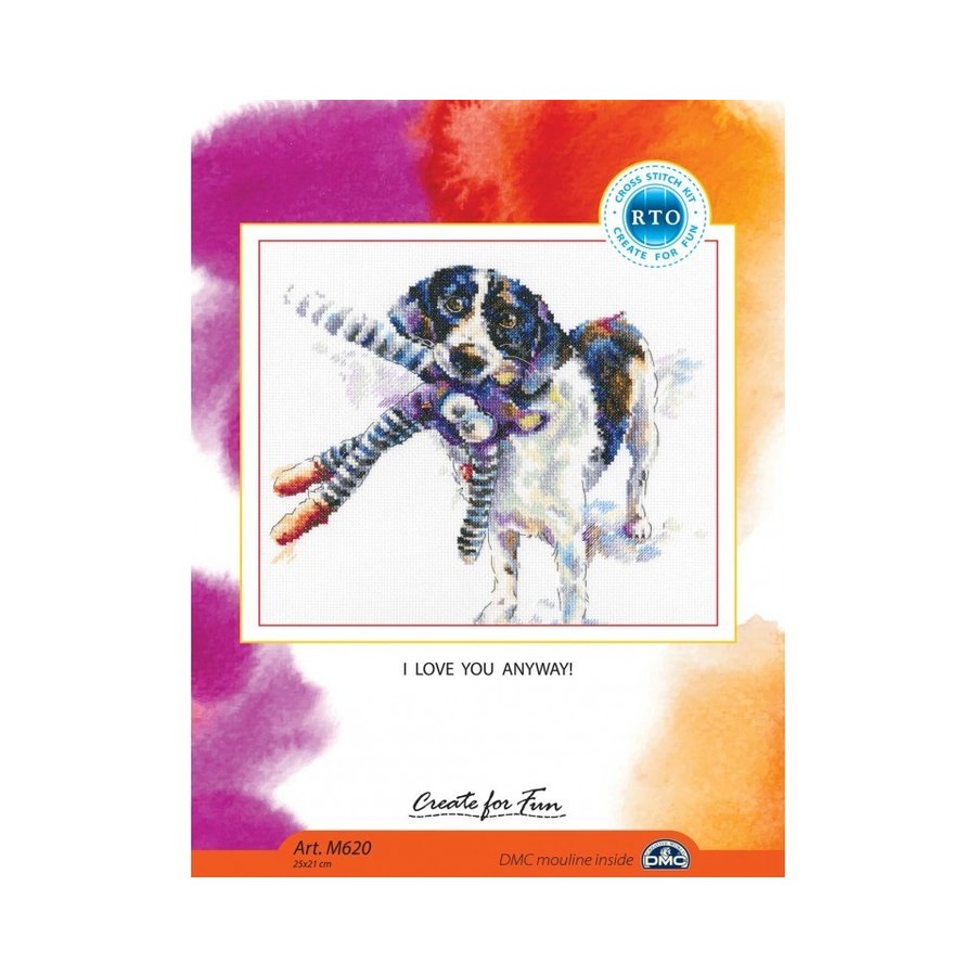 I Love You Anyway! M620 Counted Cross Stitch Kit featuring white Aida fabric, colorful DMC threads, and included needle and chart.