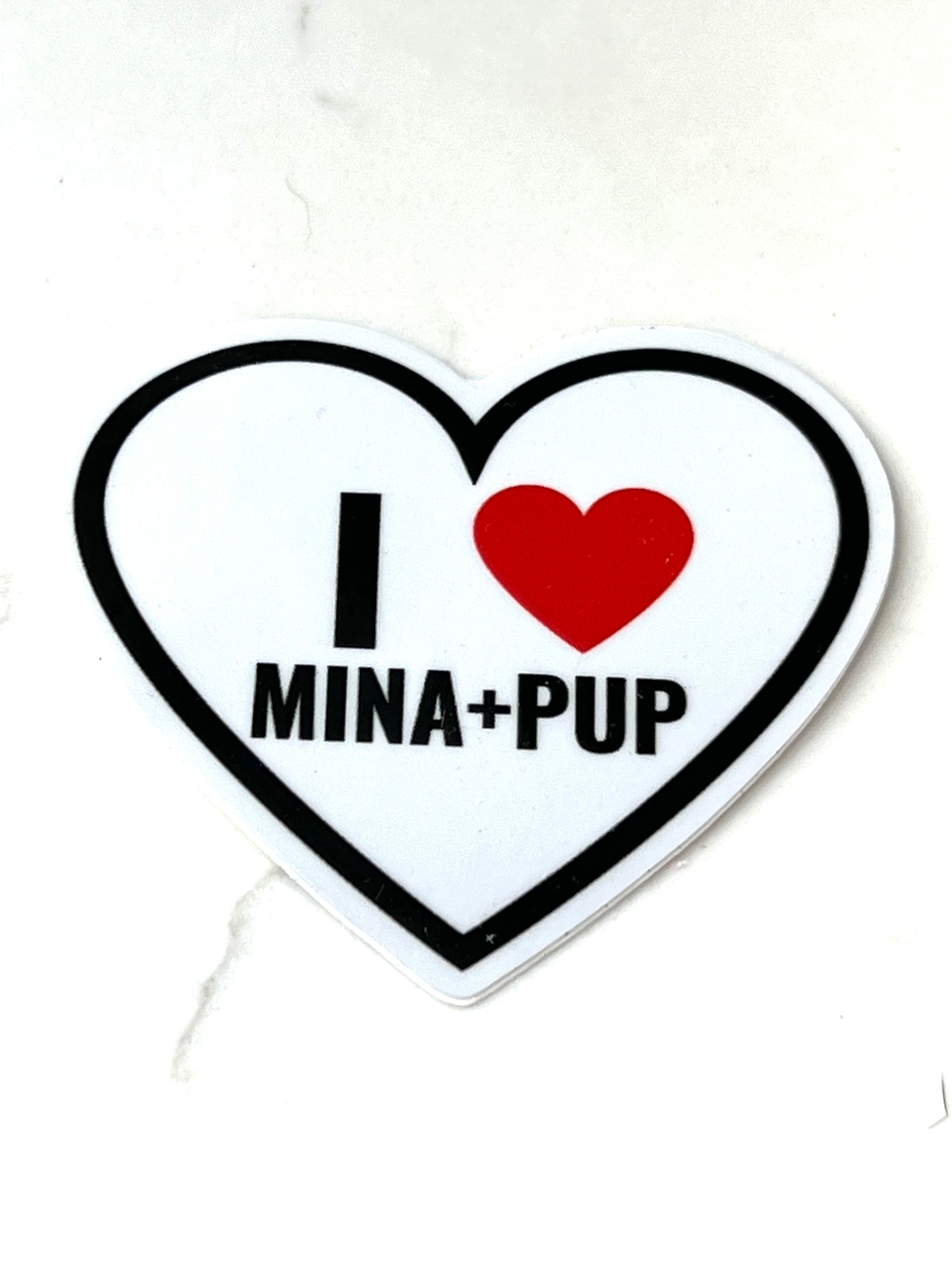 I ❤️ MINA + PUP 2.5 inch vinyl waterproof sticker featuring a vibrant heart design, perfect for personalizing items.