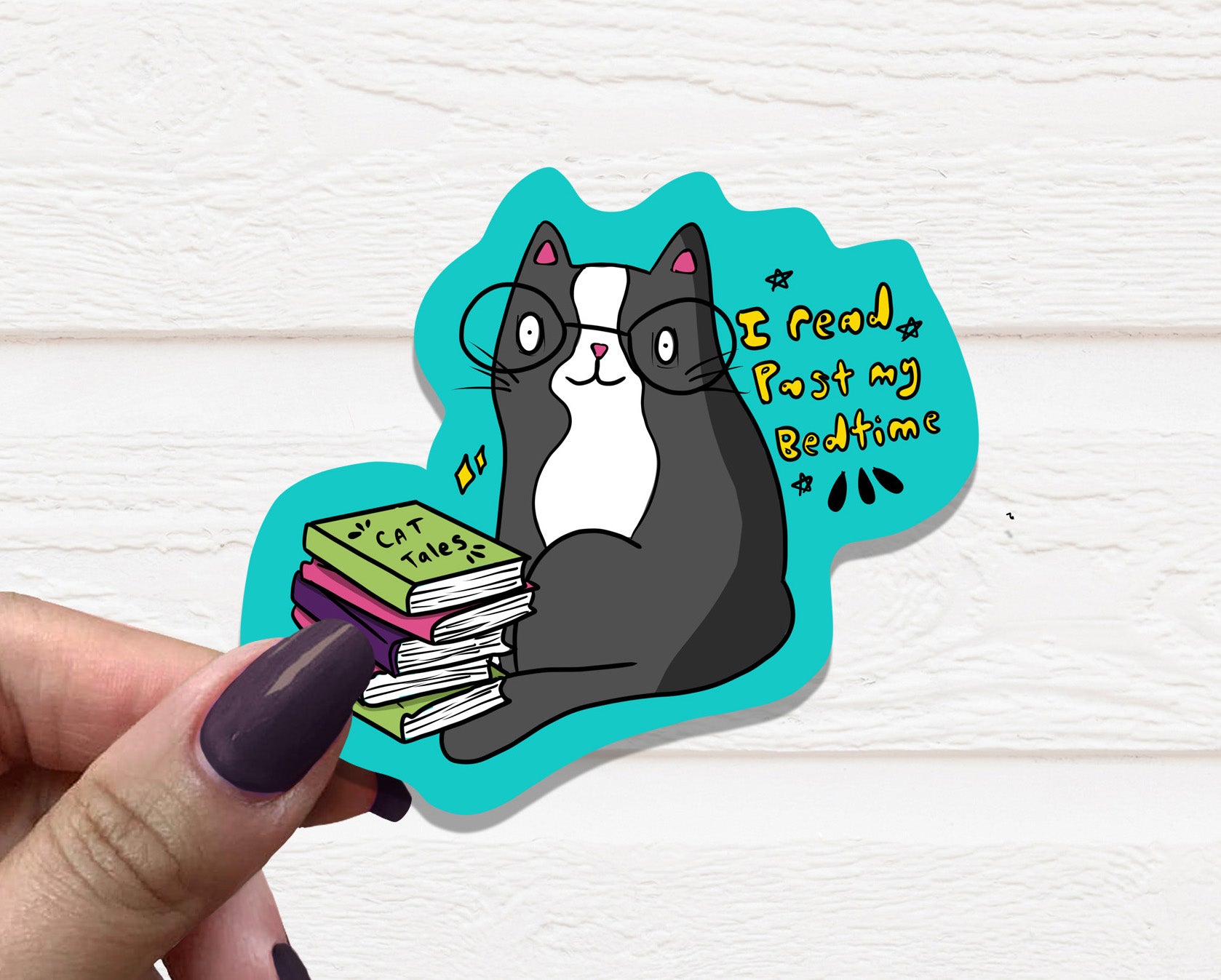 I Read Past My Bedtime Vinyl Sticker on a white background, showcasing its 3-inch size and matte finish.