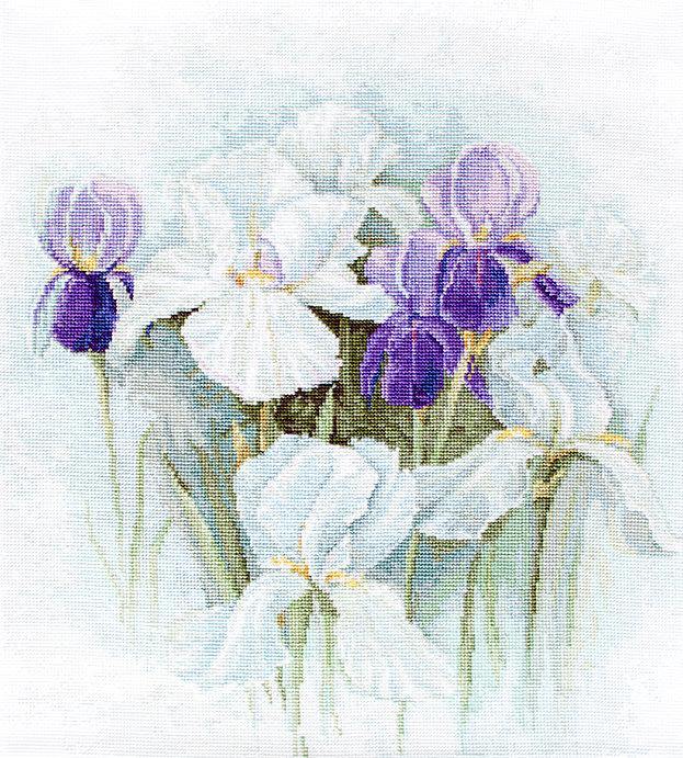 Irises B2367L Counted Cross-Stitch Kit featuring vibrant colors and detailed instructions on a high-quality canvas.