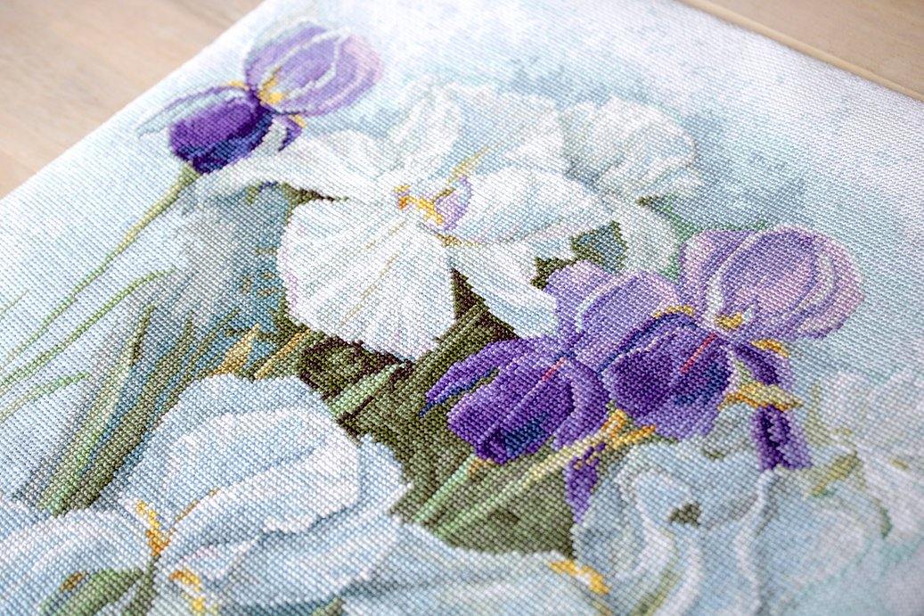Irises B2367L Counted Cross-Stitch Kit featuring vibrant colors and detailed instructions on a high-quality canvas.