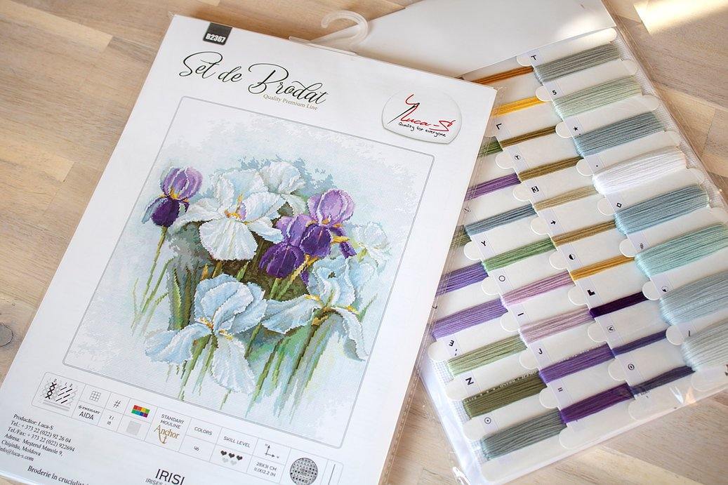 Irises B2367L Counted Cross-Stitch Kit featuring vibrant colors and detailed instructions on a high-quality canvas.