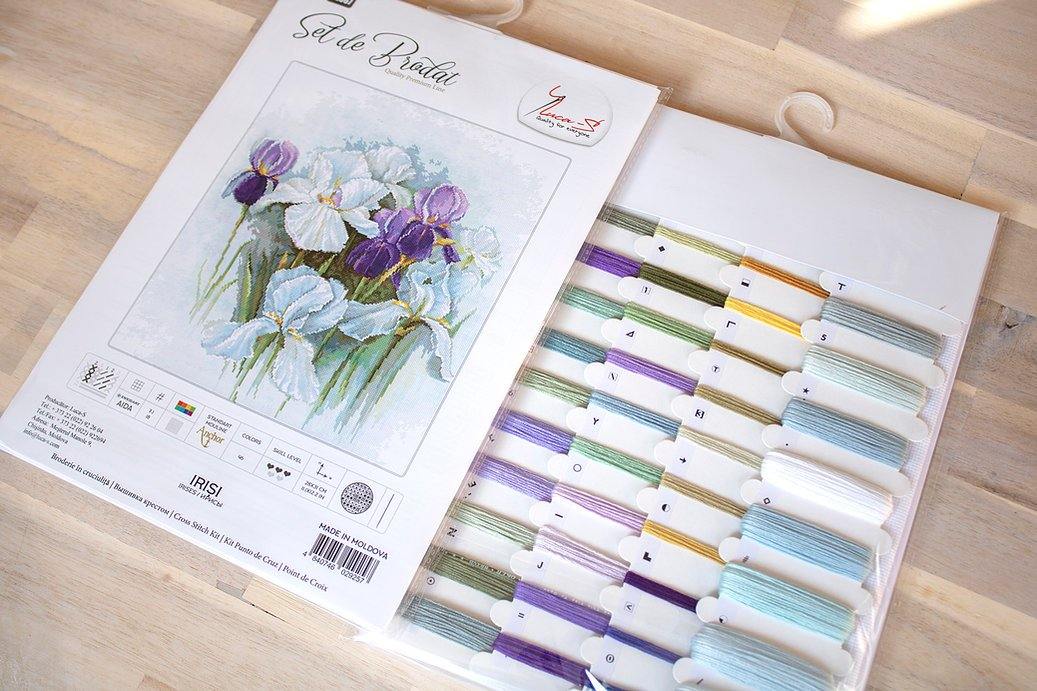 Irises B2367L Counted Cross-Stitch Kit featuring vibrant colors and detailed instructions on a high-quality canvas.