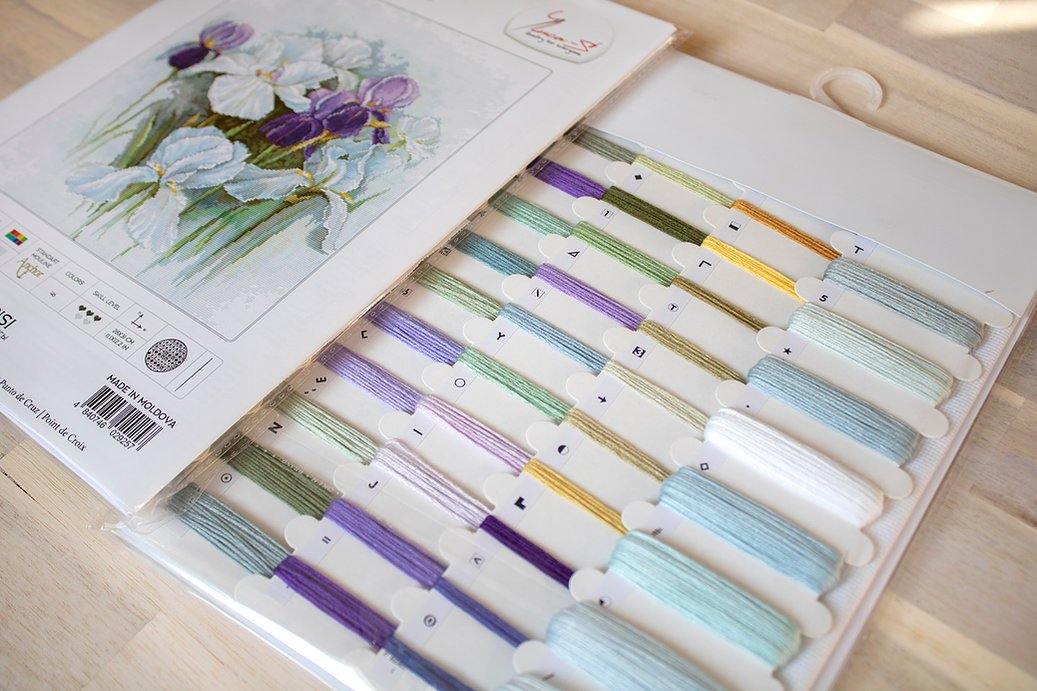 Irises B2367L Counted Cross-Stitch Kit featuring vibrant colors and detailed instructions on a high-quality canvas.