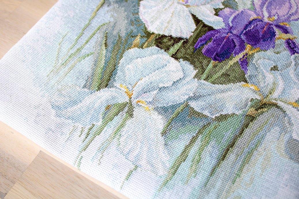 Irises B2367L Counted Cross-Stitch Kit featuring vibrant colors and detailed instructions on a high-quality canvas.