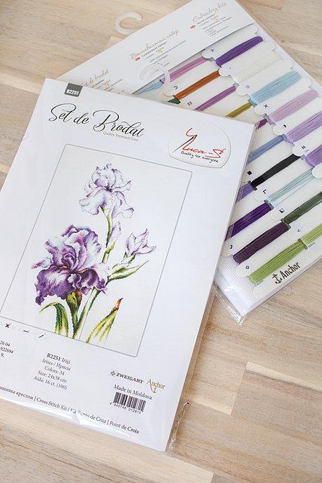 Irises B2251L Counted Cross-Stitch Kit featuring Aida canvas, Anchor threads, and needle for crafting.