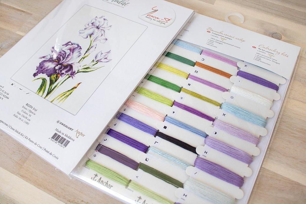 Irises B2251L Counted Cross-Stitch Kit featuring Aida canvas, Anchor threads, and needle for crafting.