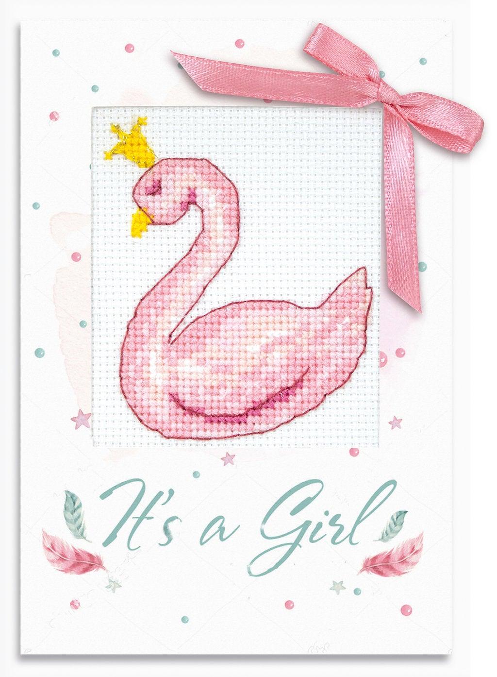 It's a Girl Post Cards SP-105L Counted Cross-Stitch Kit featuring Aida canvas, Anchor threads, and a needle for crafting.