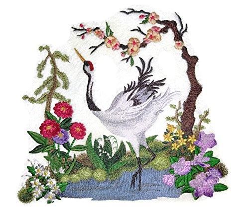 Japanese Crane Scene embroidered patch, featuring intricate details and vibrant colors, perfect for iron-on or sewing applications.