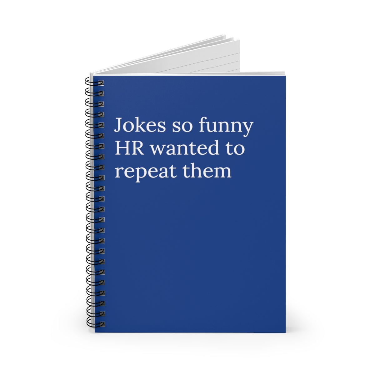 A humorous spiral notebook titled 'Jokes So Funny HR Wanted to Repeat Them', featuring ruled line pages and a playful design.