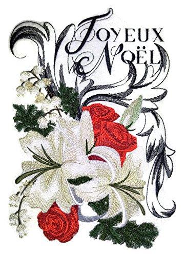 Joyeux Noel embroidered iron-on patch featuring festive design, measuring 6.89 inches by 9.83 inches, suitable for clothing and accessories.