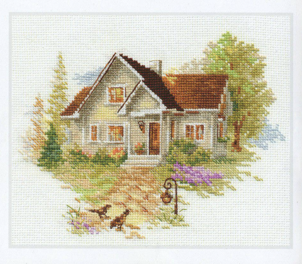 July house 3-20 Cross-stitch kit with white aida fabric, colorful threads, and an embroidery needle, perfect for crafting.
