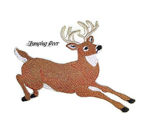 Jumping Deer embroidered patch, 5.5" x 5.4", featuring intricate details and vibrant colors, suitable for iron-on or sewing applications.