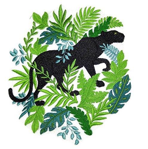 Jungle Paradise and Panther embroidered patch showcasing vibrant colors and intricate details, perfect for iron-on or sewing applications.