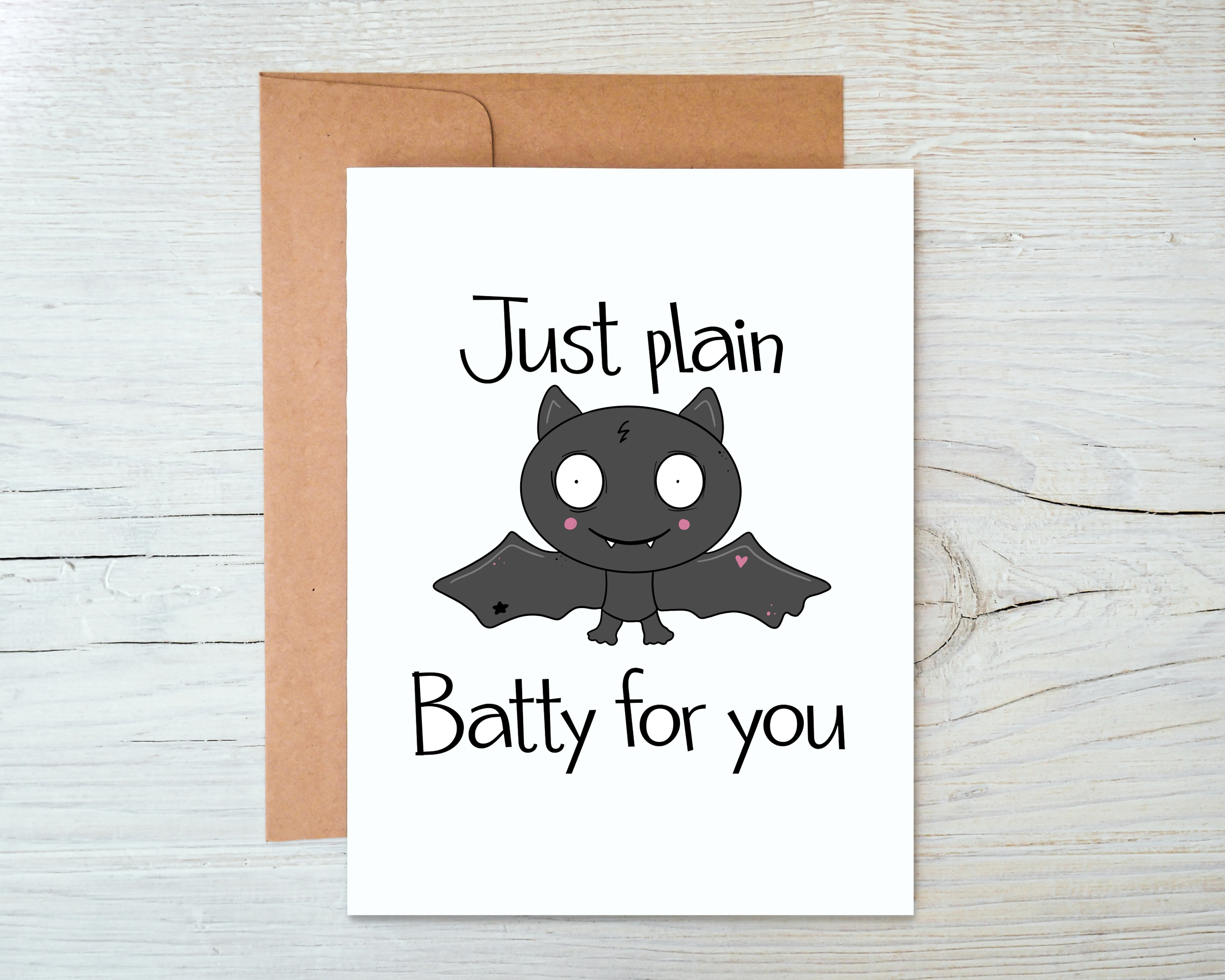 Just Plain Batty for You blank card with kraft envelope, featuring a whimsical design and blank interior for personal messages.