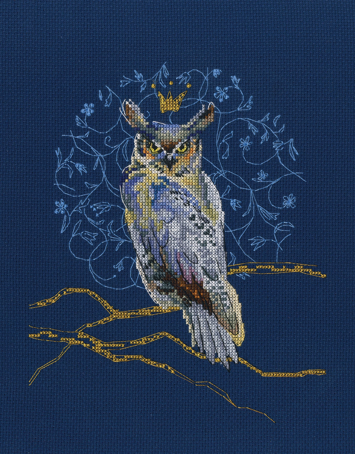 King eagle-owl M785 counted cross stitch kit featuring Aida fabric, cotton threads, and detailed chart.