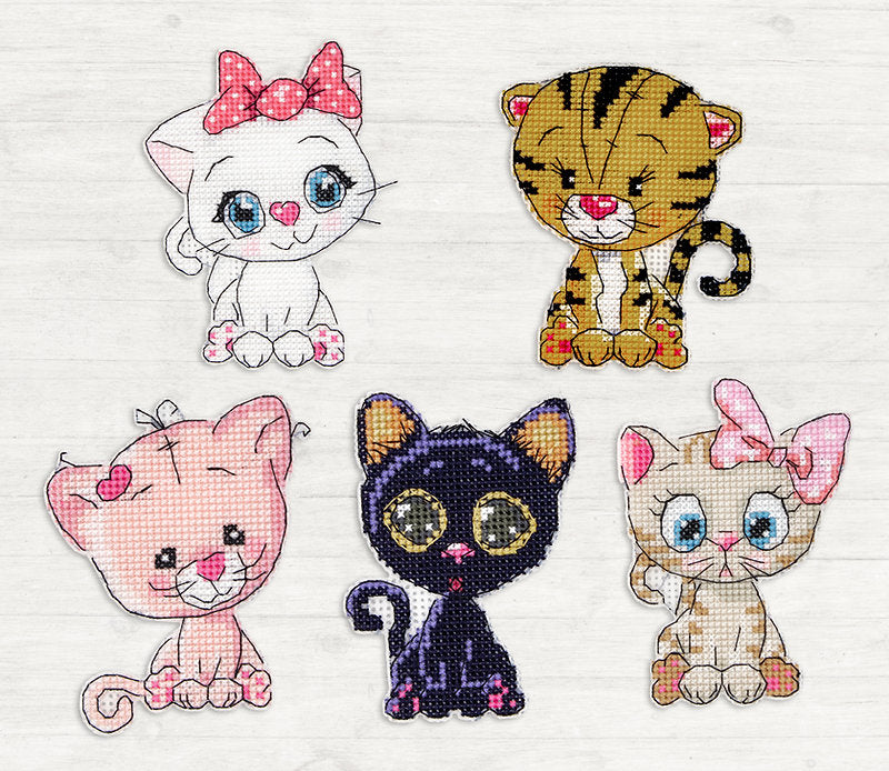 Kittens JK033L Counted Cross-Stitch Kit featuring colorful threads, Aida canvas, and a needle for crafting.