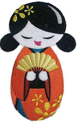 Kokeshi and Fan embroidery patch, measuring 6.16" x 4.4", showcasing vibrant colors and intricate design, suitable for iron-on or sew-on applications.