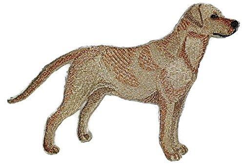 Labrador Retriever dog embroidery patch, 4.5" x 4.2", featuring intricate stitching and vibrant colors.