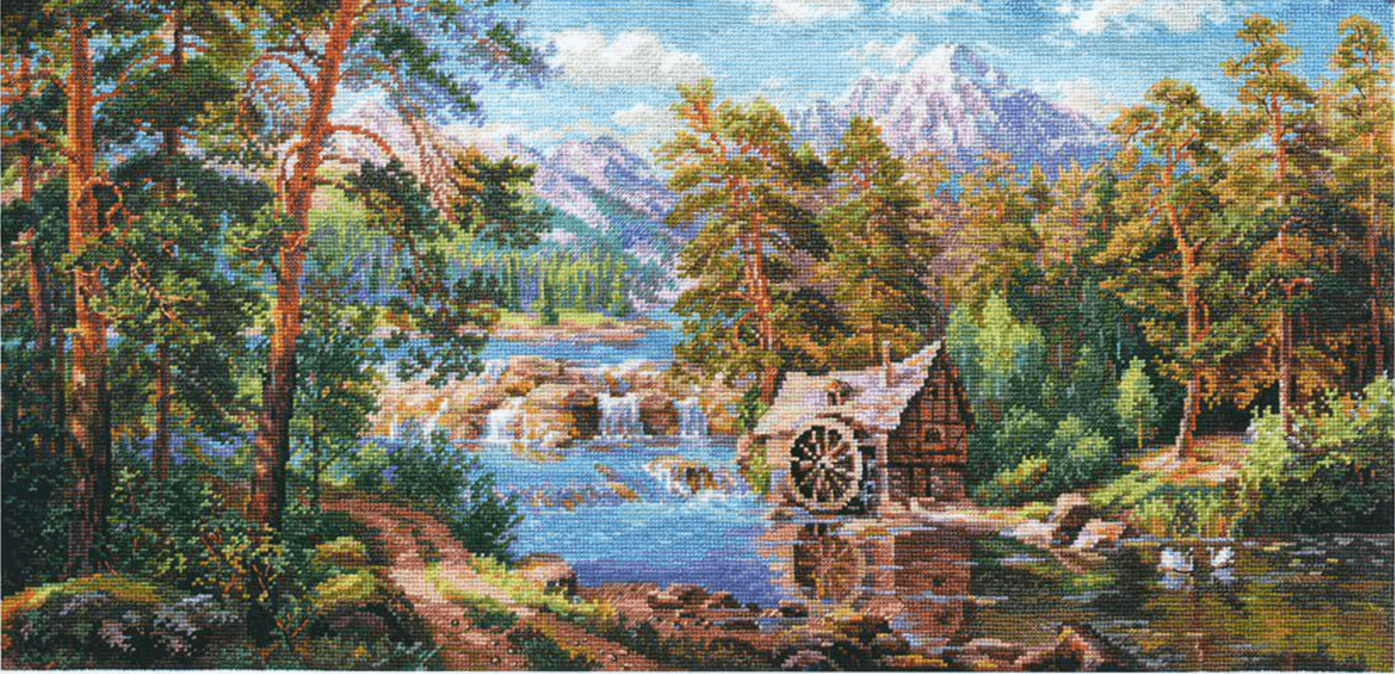 Landscape with a Watermill counted cross-stitch kit featuring AIDA canvas, cotton threads, and a detailed chart for stitching.