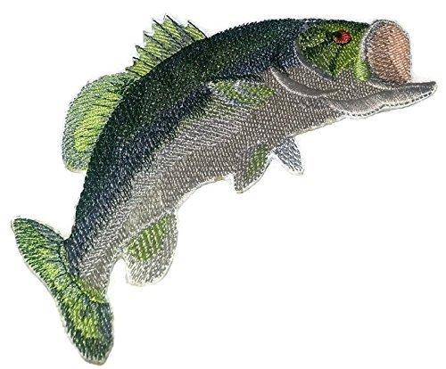 Largemouth Bass embroidered patch, 6 inches by 3 inches, showcasing intricate details and vibrant colors, suitable for iron-on or sew-on applications.