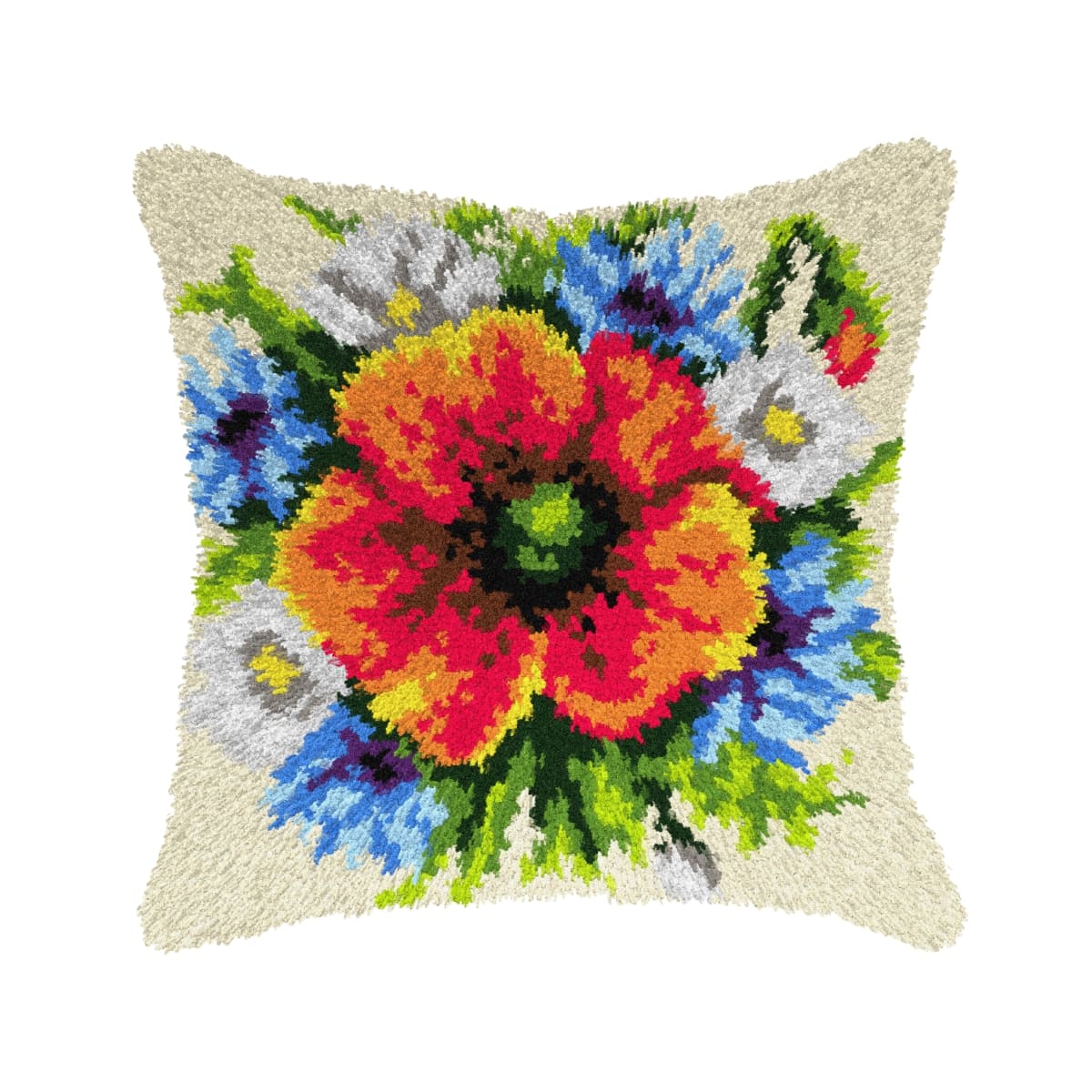 Latch hook cushion kit 'Poppy' featuring printed canvas, colorful yarn, and latch hook tool for crafting a floral design cushion.