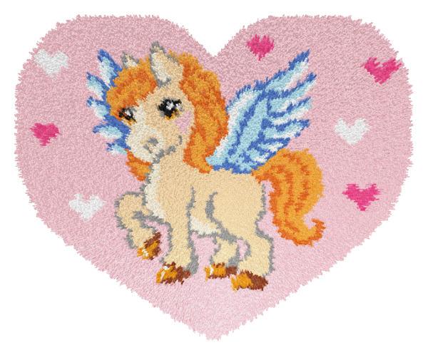 Latch hook rug kit 'Pegasus' featuring vibrant flamingo design, includes canvas, yarn, and tools.