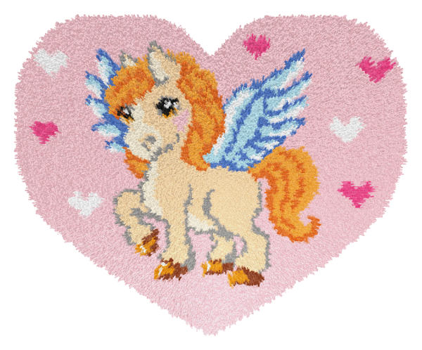 Latch hook rug kit 'Pegasus' featuring vibrant flamingo design, includes canvas, yarn, and tools.