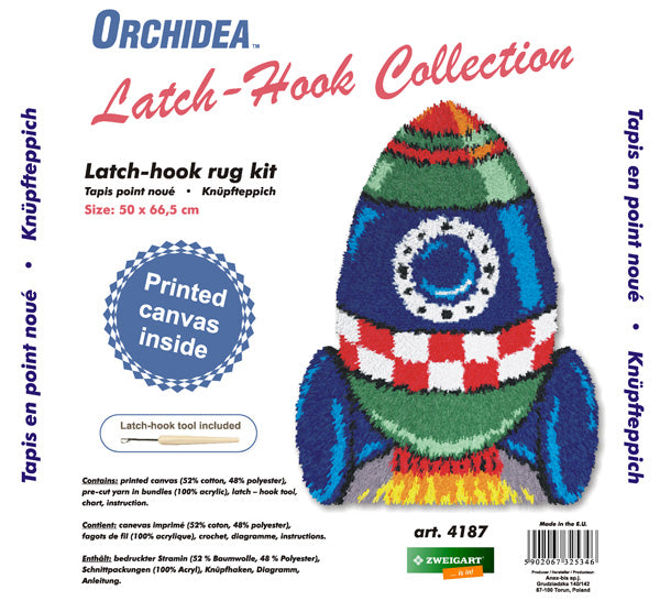 Latch hook rug kit featuring a vibrant spaceship design, including printed canvas, colorful yarn, and latch hook tool.