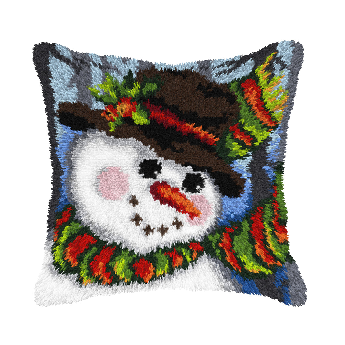 Latch-hook kit featuring a snowman design on printed canvas with colorful yarn and tools for crafting a cushion.