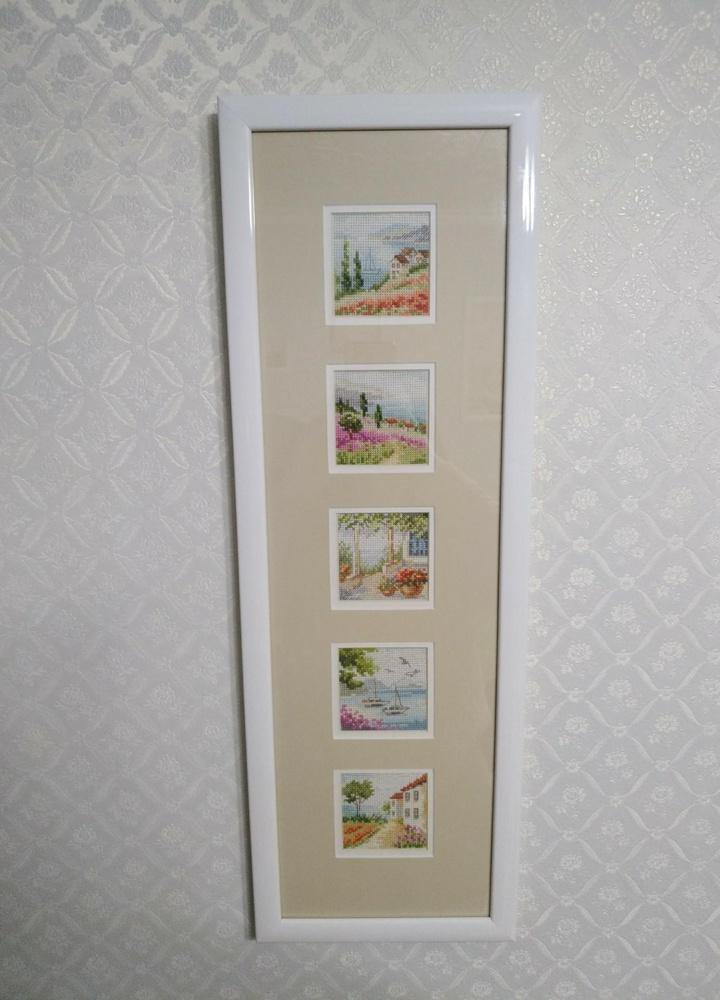 Lavender at the Sea Cross-Stitch Kit with threads, needle, and white aida fabric.