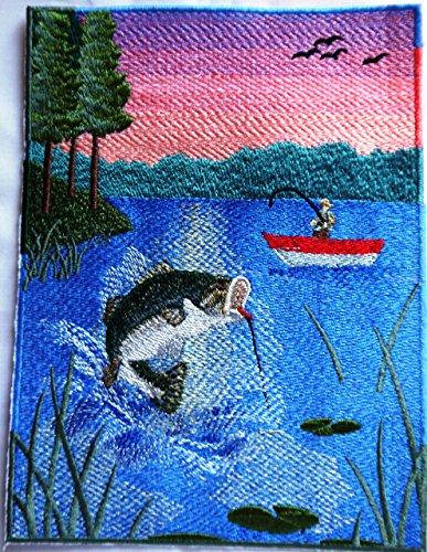 Leaping Largemouth Fishing Scene embroidered patch showcasing a vibrant bass design, perfect for iron-on or sew-on applications.