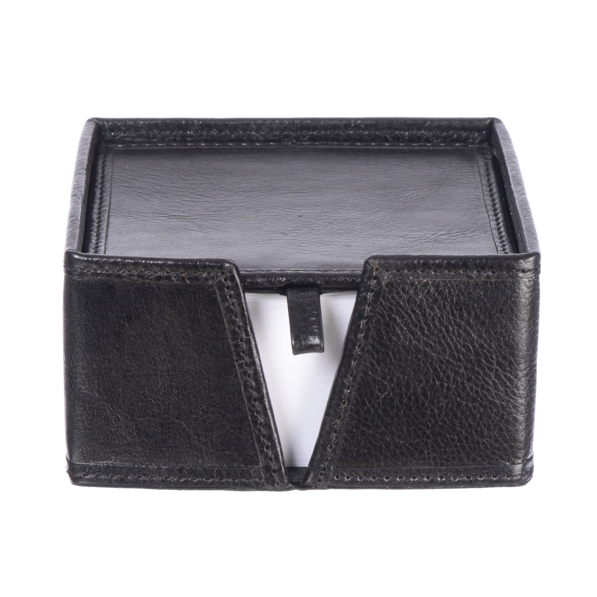 Elegant Leather Memo Holder Box in Italian glazed leather with removable top and included sheets of paper.