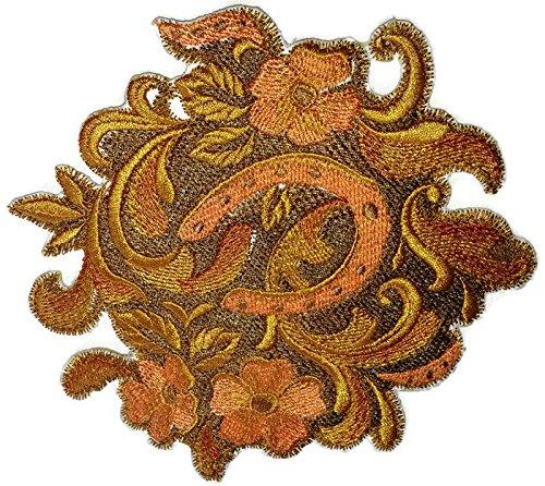 5-inch leather tooling horseshoe and flower embroidered patch, showcasing intricate embroidery on a cotton base, ideal for garments.