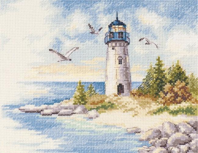 Lighthouse 3-26 Cross-stitch kit featuring white Aida fabric, colorful threads, and an embroidery needle.