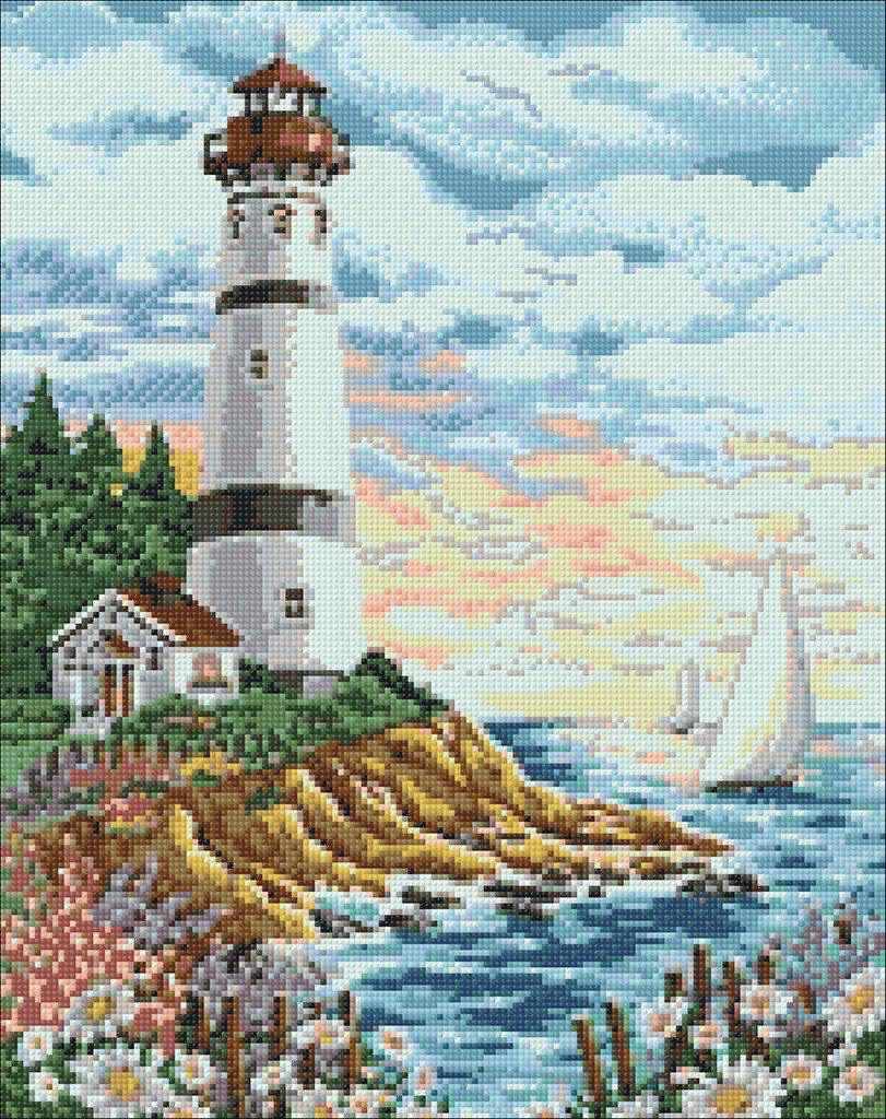 Lighthouse at Sunrise diamond painting kit featuring a self-adhesive canvas, vibrant square acrylic diamonds, and essential crafting tools.